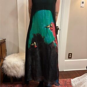 Black Maxi Dress with beautiful embroidery of birds and a bit of a cape attached